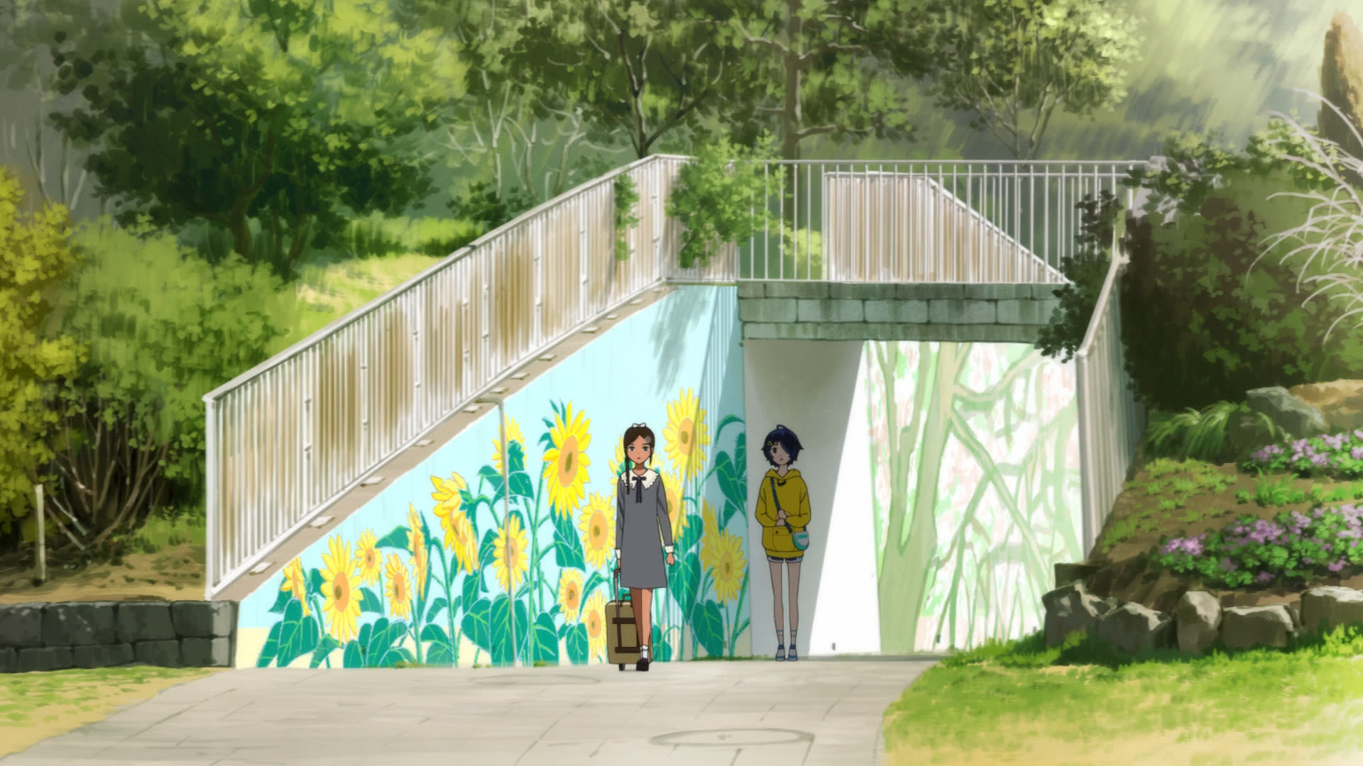 动画第二季开头,两人行走在花と緑の文化館旁的人行桥下